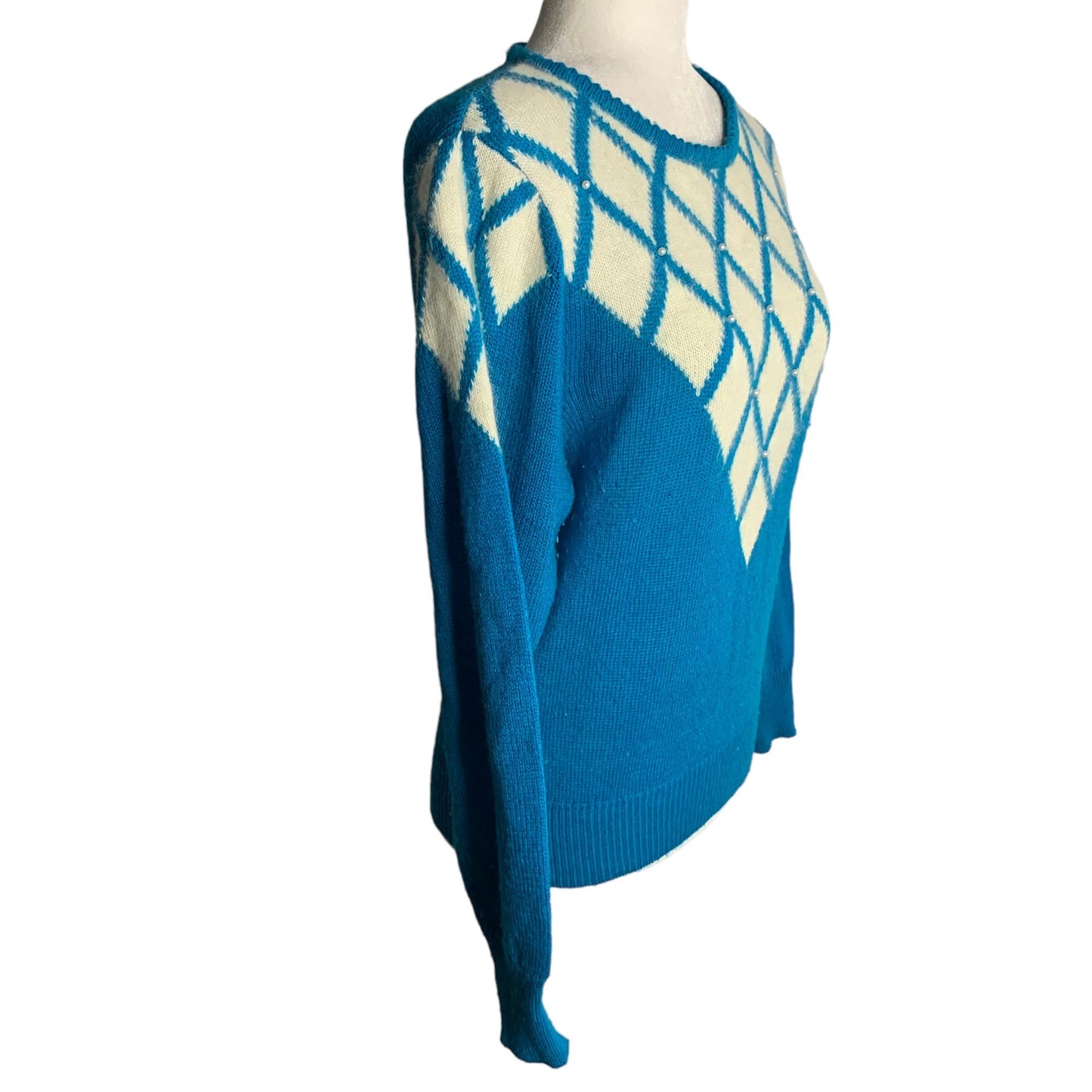 Vintage Miller Wool Angora Blend Sweater L Blue Knit Beaded Pullover Ribbed Trim