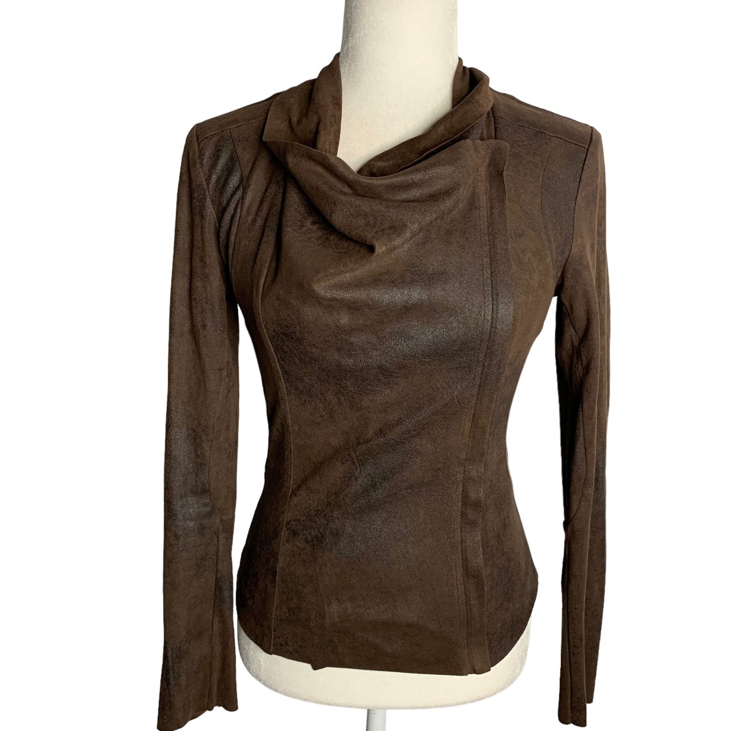 BNCI Faux Leather Cowl Neck Shirt XS Brown Long Sleeves Asymmetrical Zipper