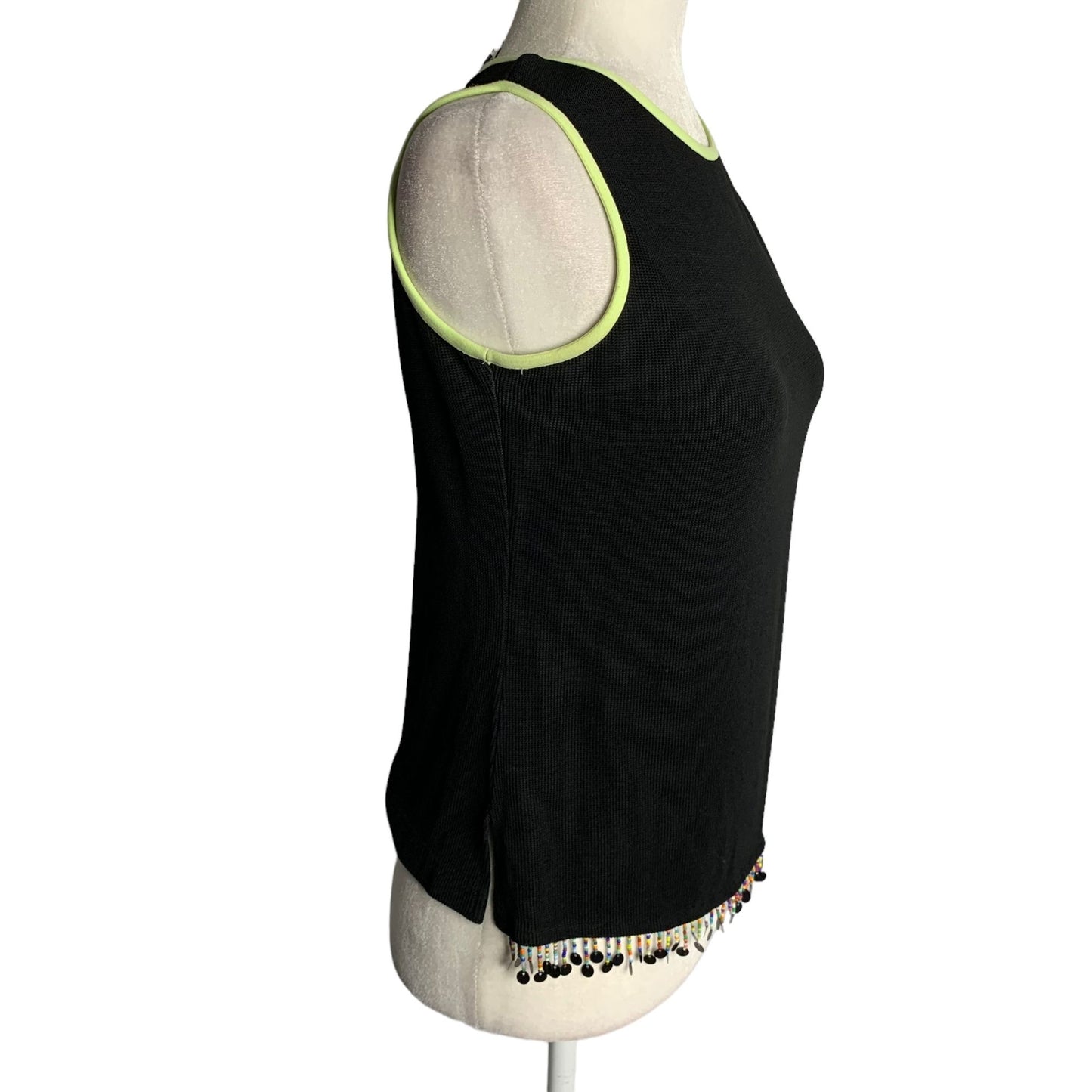 Vintage 90s Ronni Nicole Tank Top S Petite Black Beaded Strech Knit Sleeveless