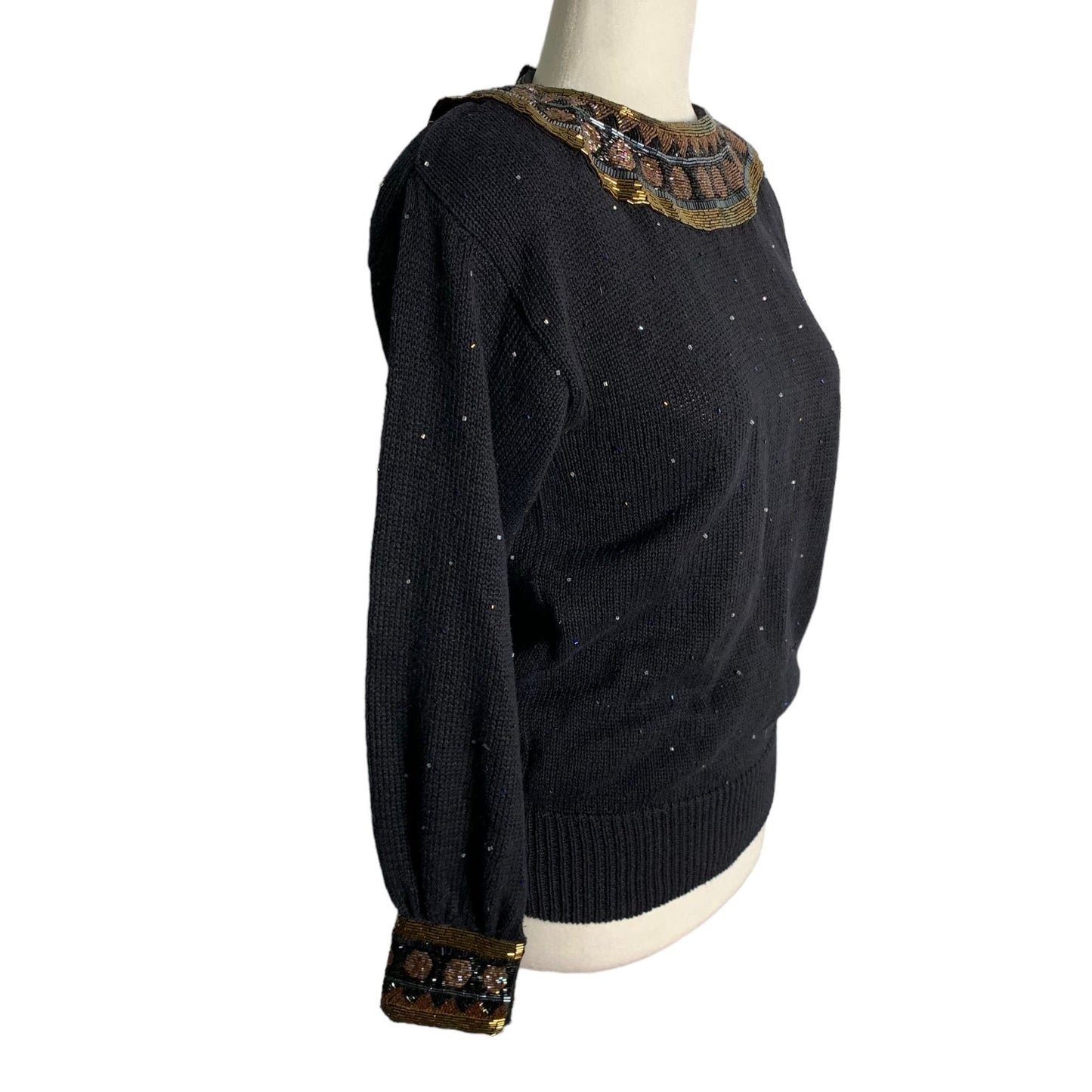 Vintage 90s Bonnie Boerer Beaded Sweater S Black Pullover Knit Hook Loop Collar