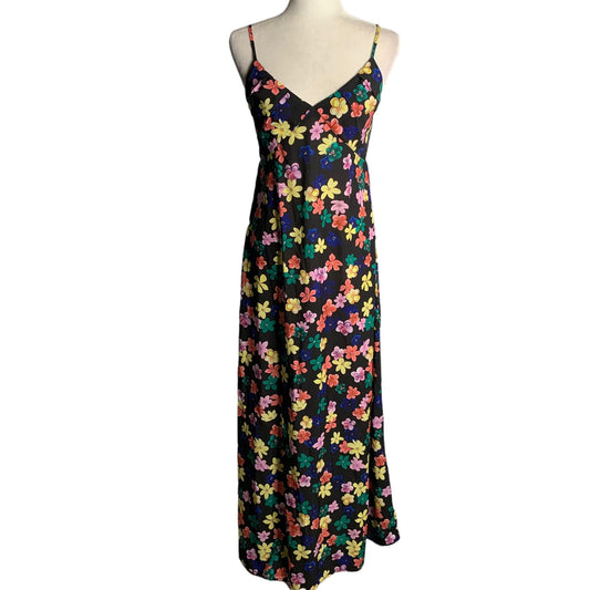 Sleeveless Sweetheart Maxi Sun Dress M Black Floral Adjustable Straps Shirring