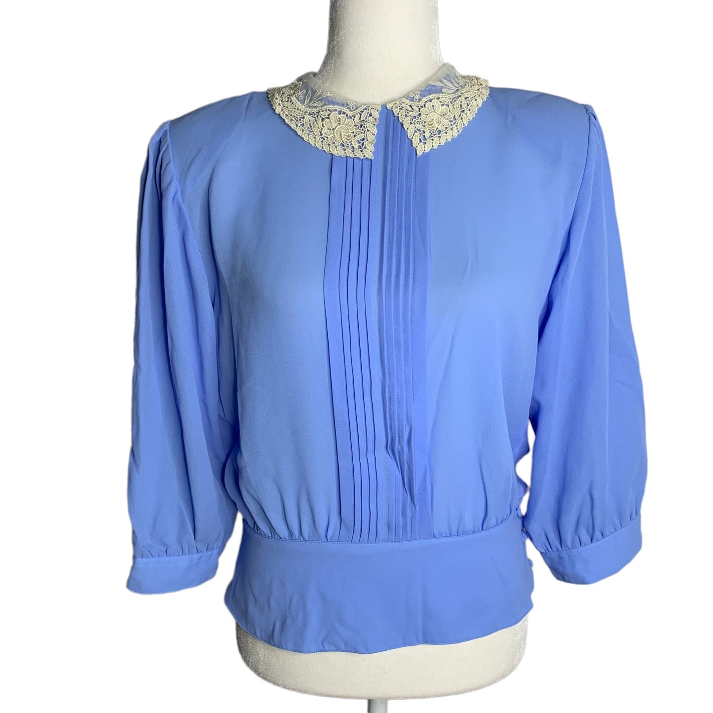 Vintage 80s Pleated Blouse S Blue Buttons Lace Collar 3/4 Sleeve Shoulder Pads