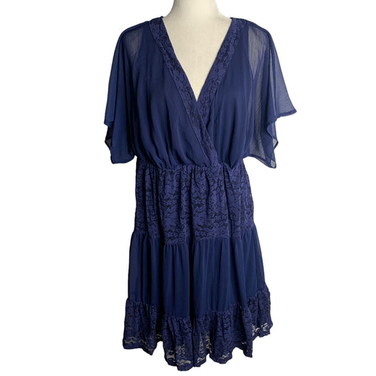 Torrid Lace Inset Chiffon Dress XL Blue Short Sleeves V Neck Elastic Waist