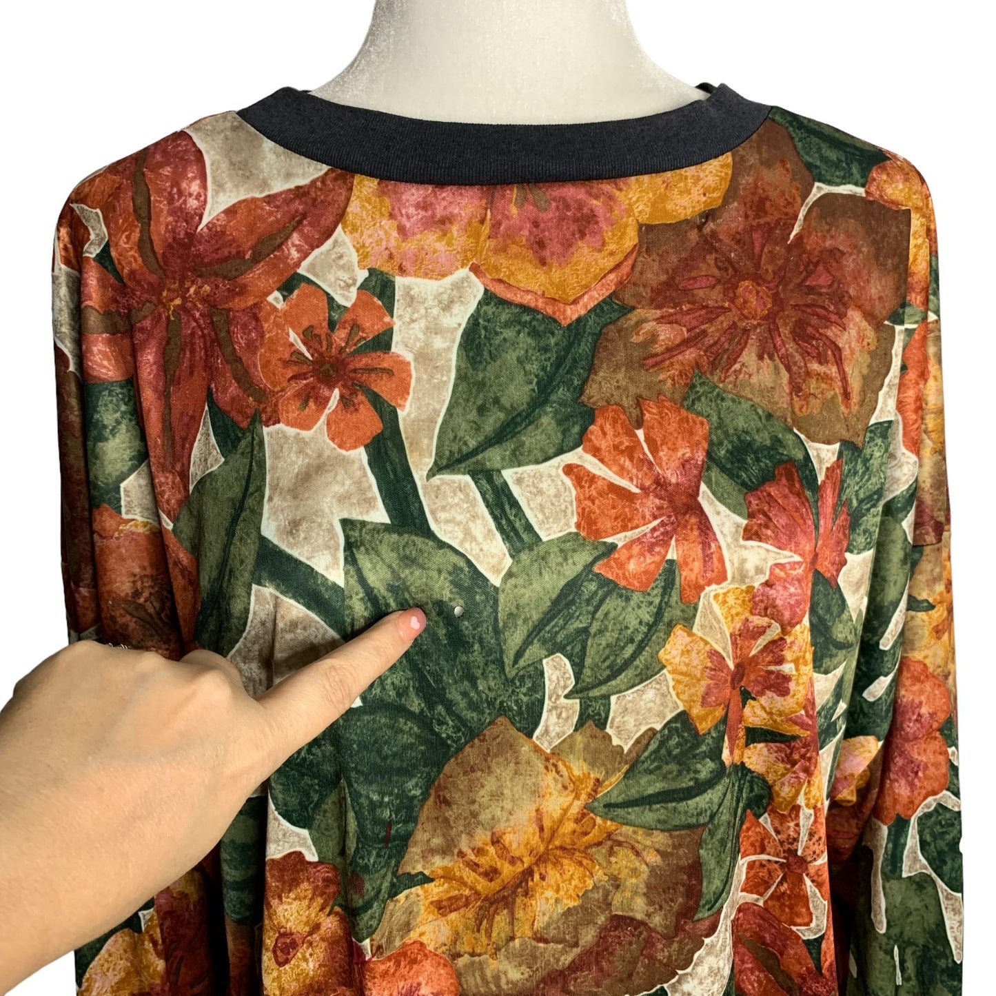 Vintage Box Office Pullover Floral Top XL Green Orange Long Sleeve Ribbed Trim