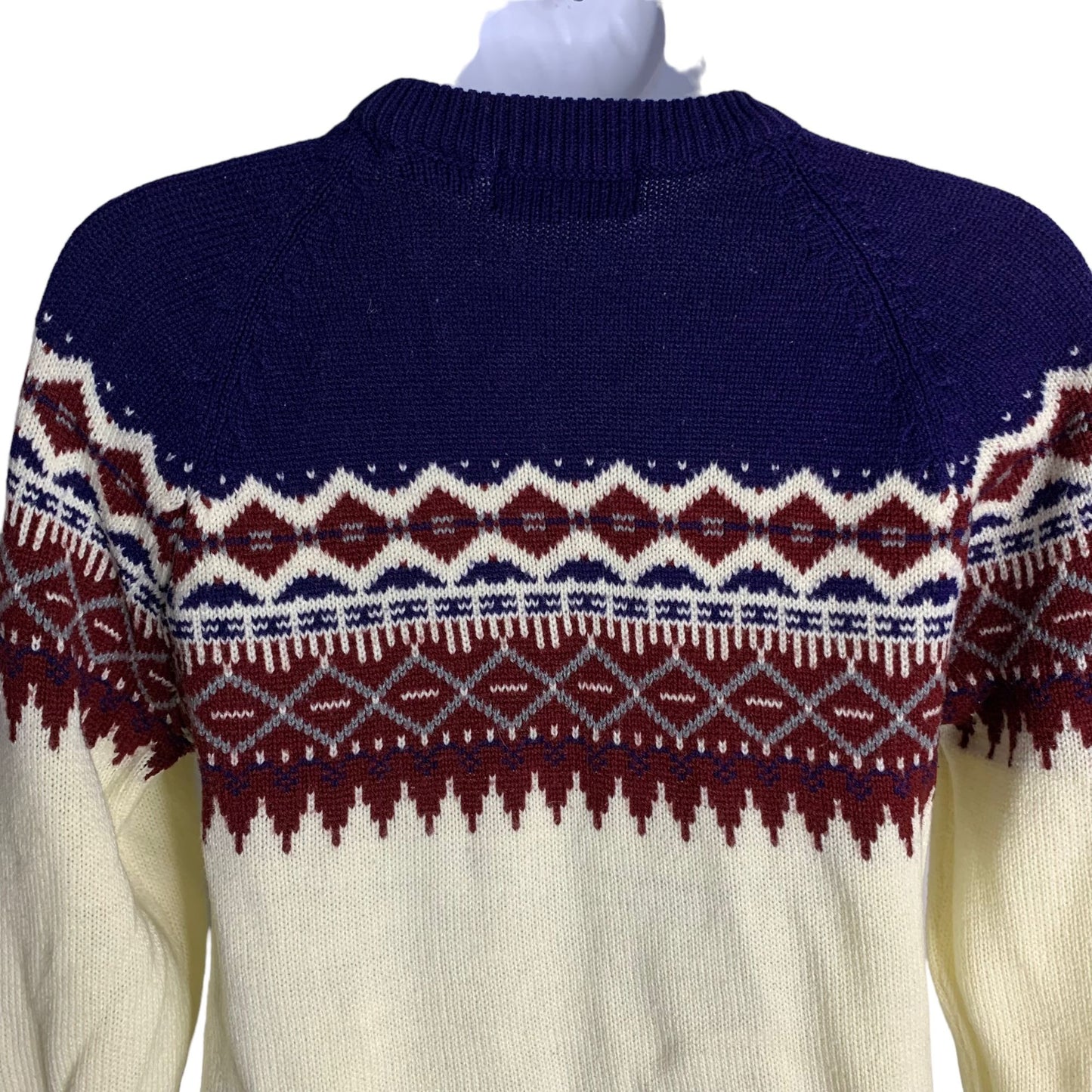 Vintage 90s Fair Isle Ski Sweater S Cream Knit Pullover Crewnwck Long Sleeves