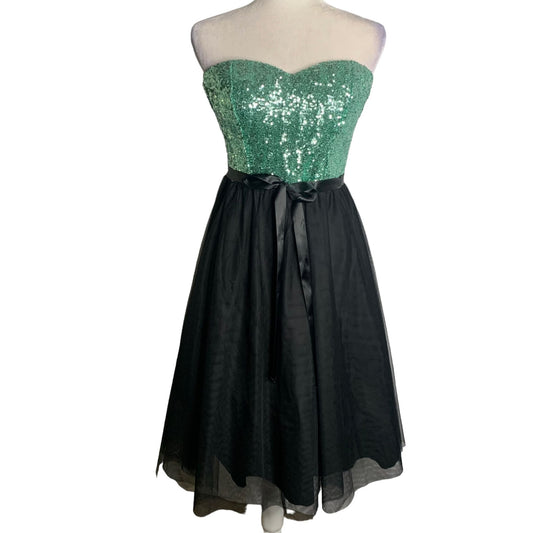 Windsor Strapless Party Prom Dress 11 Green Black Sequins Midi Tulle Tie Waist