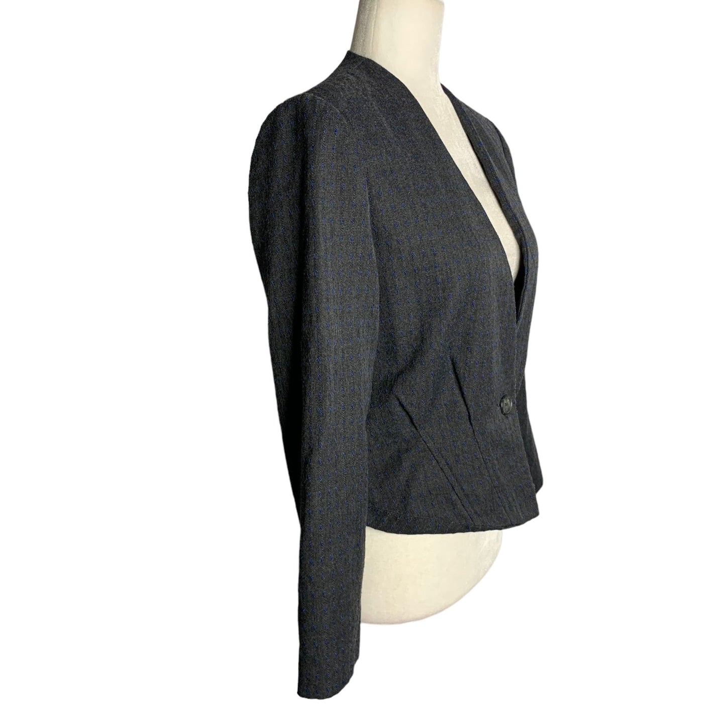 Vintage 80s Haberdas Her Cropped Blazer 6 Grey Blue One Button No Collar Lined