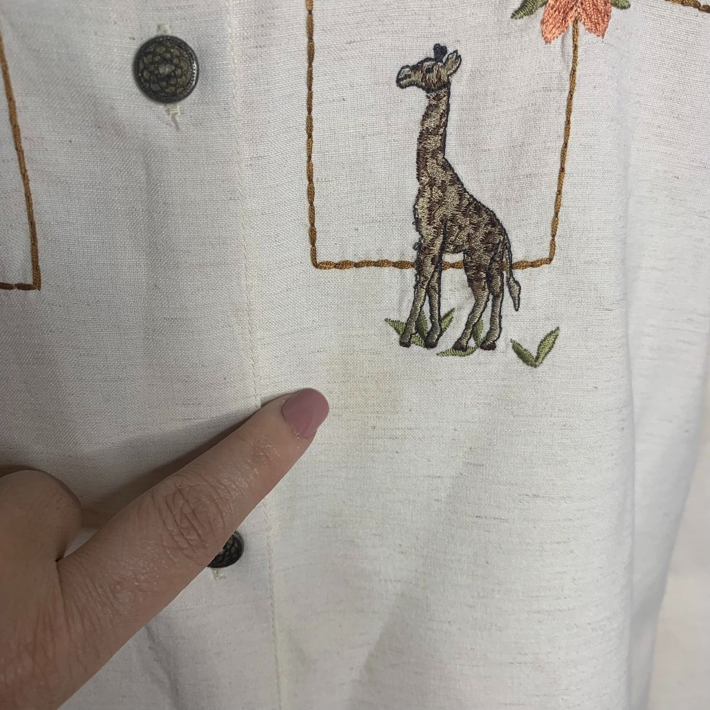 Vintage Alfred Dunner Embroidered Shirt 16 Cream Linen Animals Roll Tab Sleeves