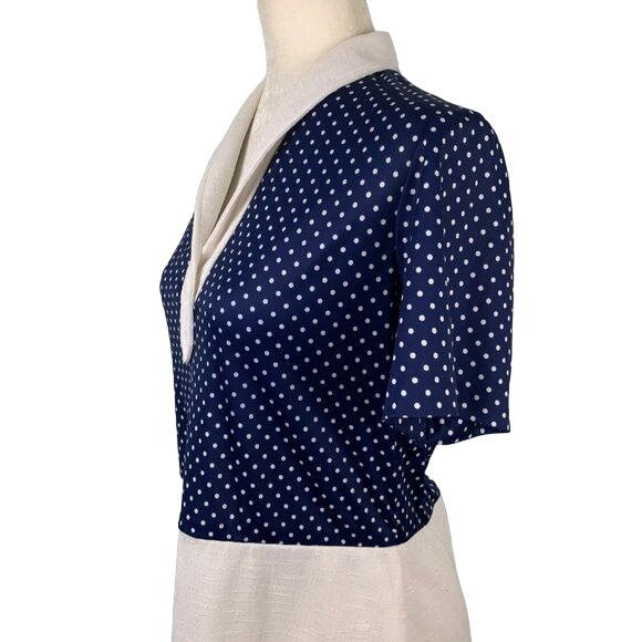 Vintage Polka Dot Linen Blend Dress M Blue White Zip V Neck Collar Rockabilly