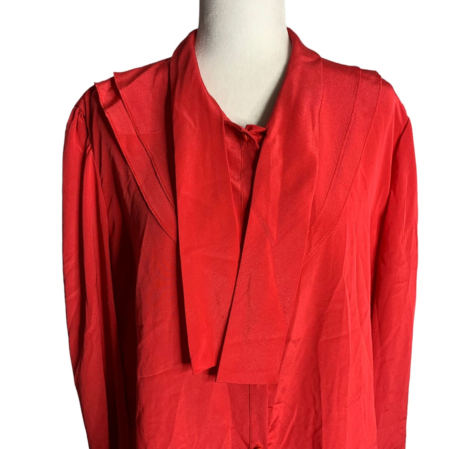 Vintage 80s Button Up Secretary Blouse L Red Long Sleeve Tie Bow Layered Collar