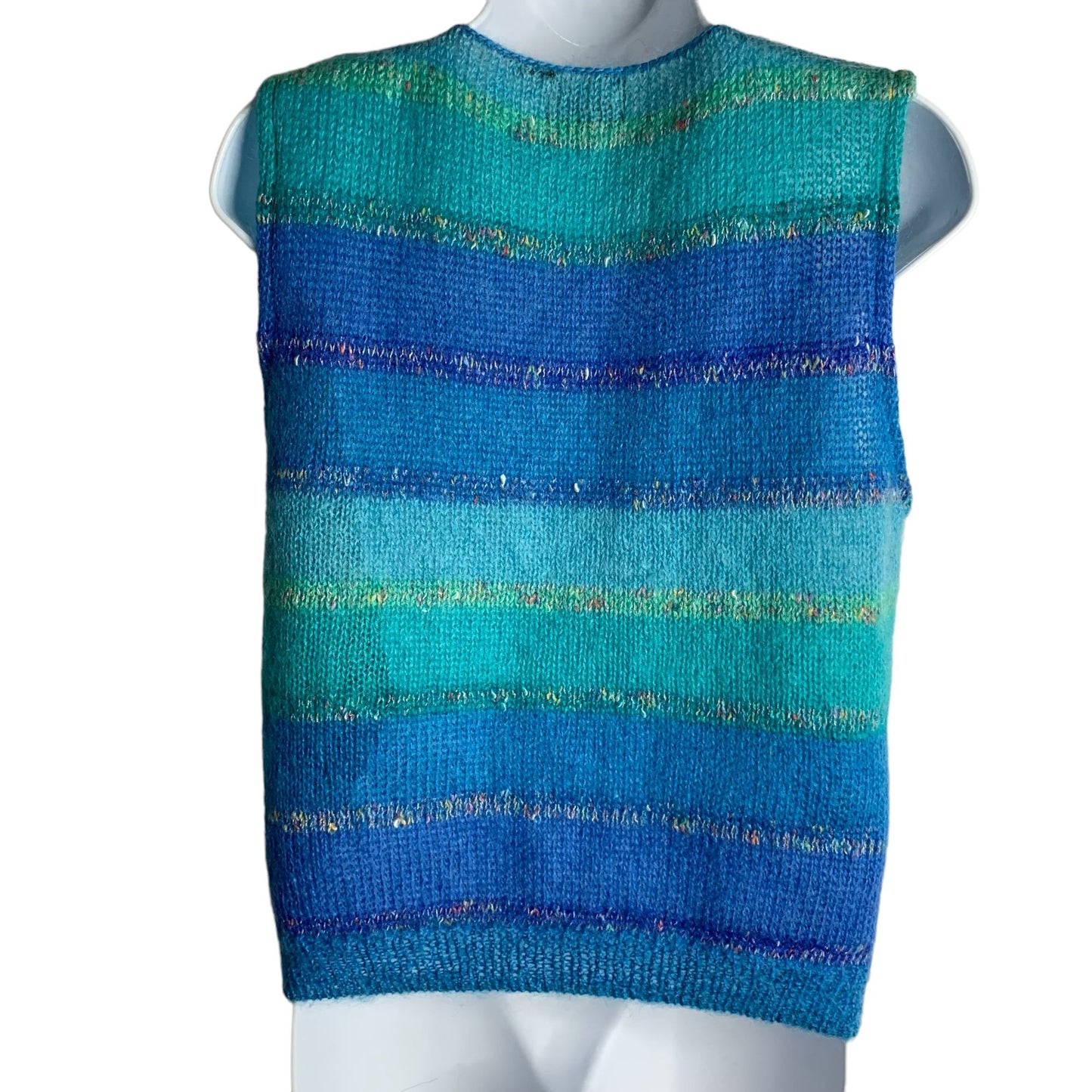 Vintage Jeanne Pierre Loose Knit Vest M Blue Striped V Neck Sleeveless Pullover