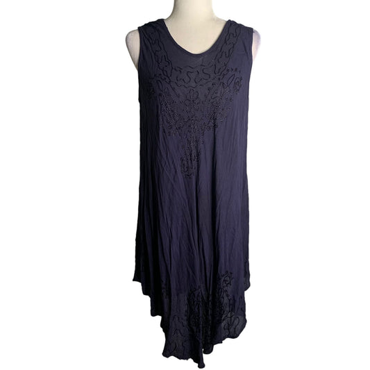 Embroidered Sleeveless Sun Dress S-L Navy Blue Cover Up Rayon Round Hem