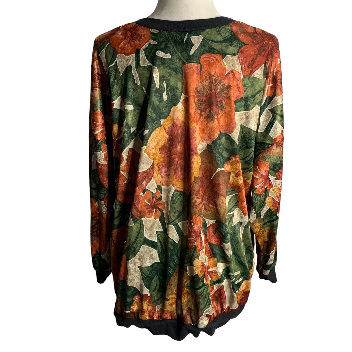 Vintage Box Office Pullover Floral Top XL Green Orange Long Sleeve Ribbed Trim