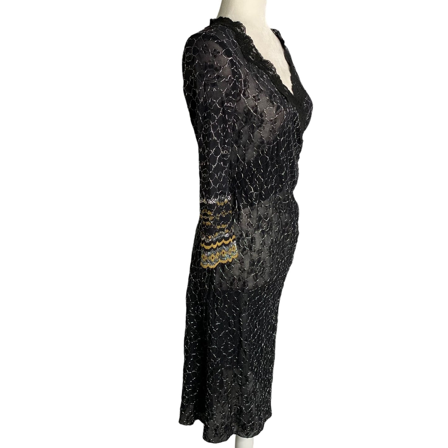 Vintage 90s Betsey Johnson Sheer Lace Midi Dress L Black Silver Metallic Wrap