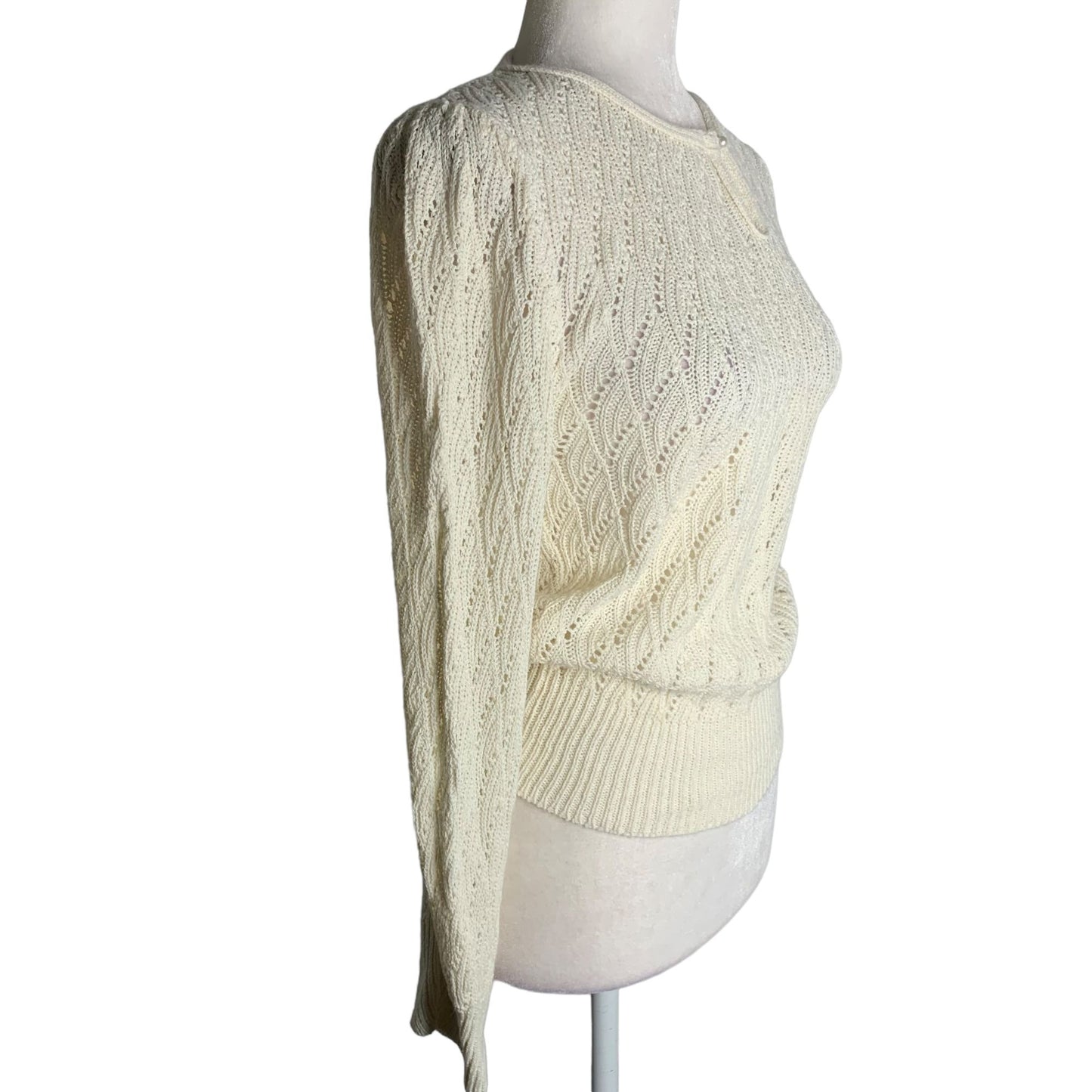 Vintage 70s It's Pure Gould Crochet Knit Sweater S Cream Long Sleeve Key Hole