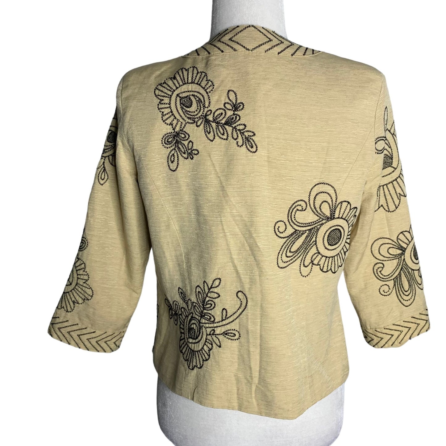 Marisa Christina Embroidered Silk Jacket S Beige 3/4 Sleeves Lined Hook Closure