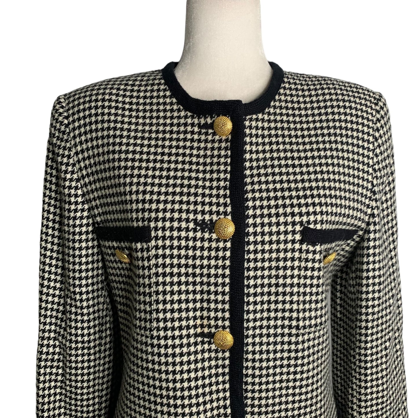 Vintage Oleg Cassini Wool Blazer Jacket 10 Black Houndstooth Buttons Pockets