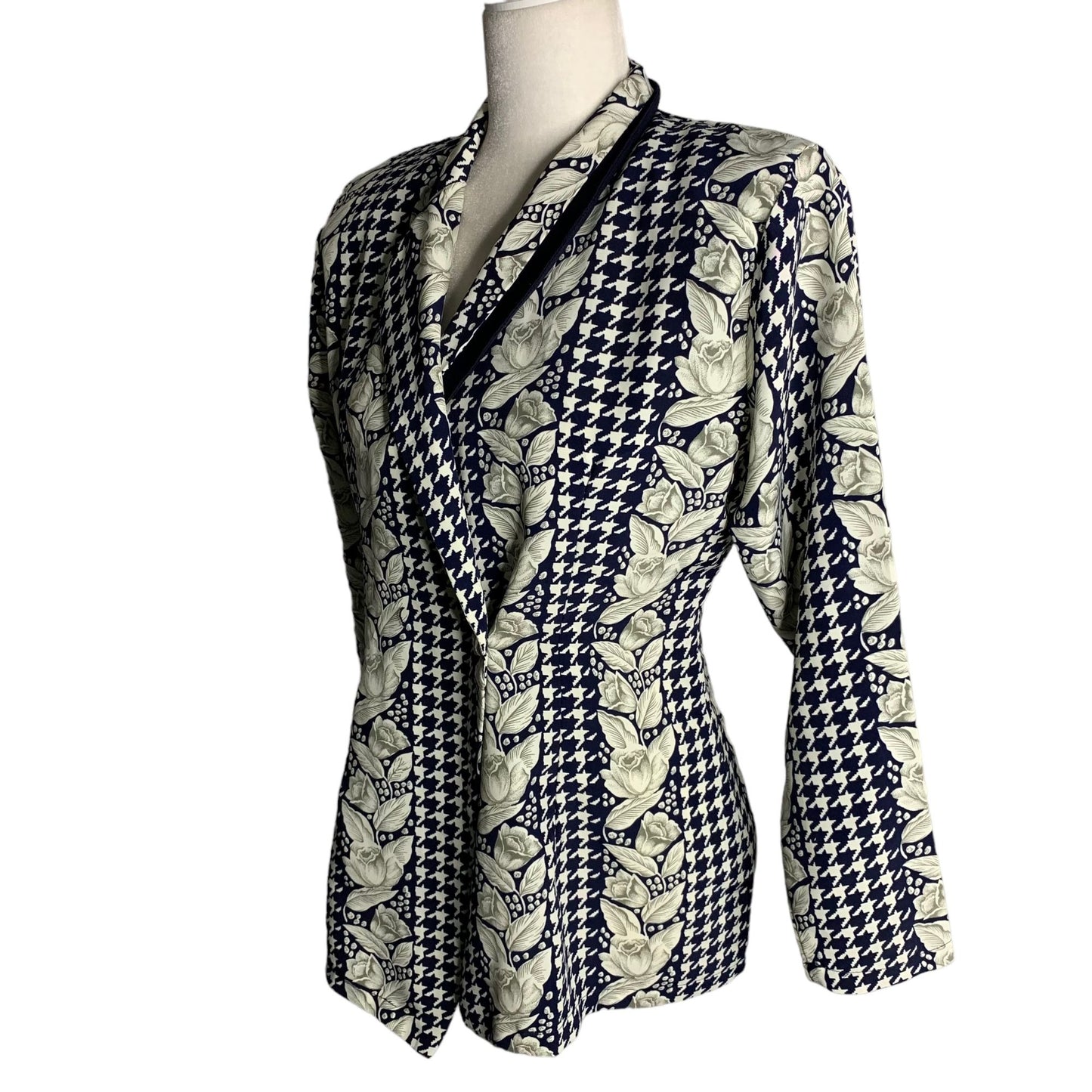 Vintage 90s Visanza Silky Blazer Jacket S Blue Houndstooth Floral Shoulder Pads