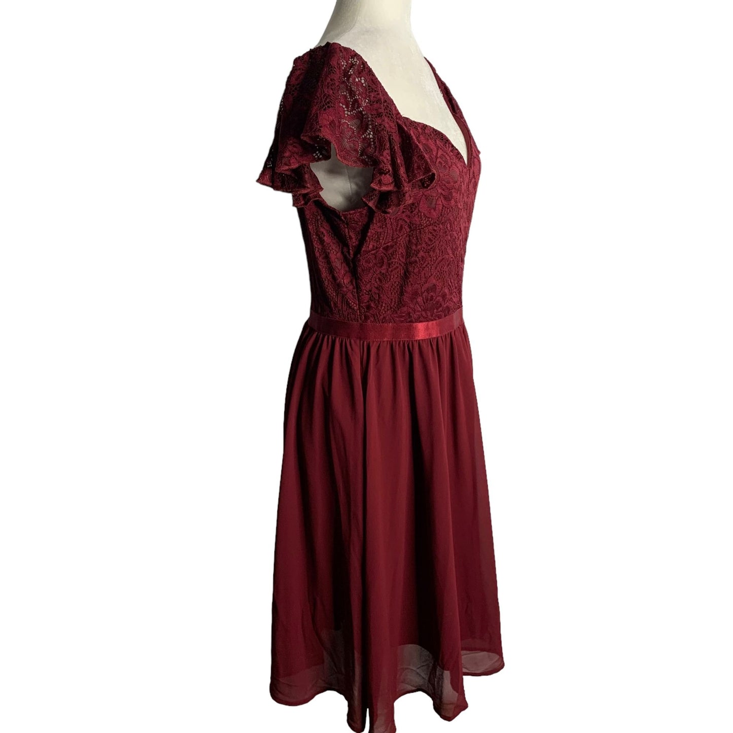 MissMay Retro Lace Chiffon Swing Dress L Wine Red Flutter Sleeve Lined Zip NEW