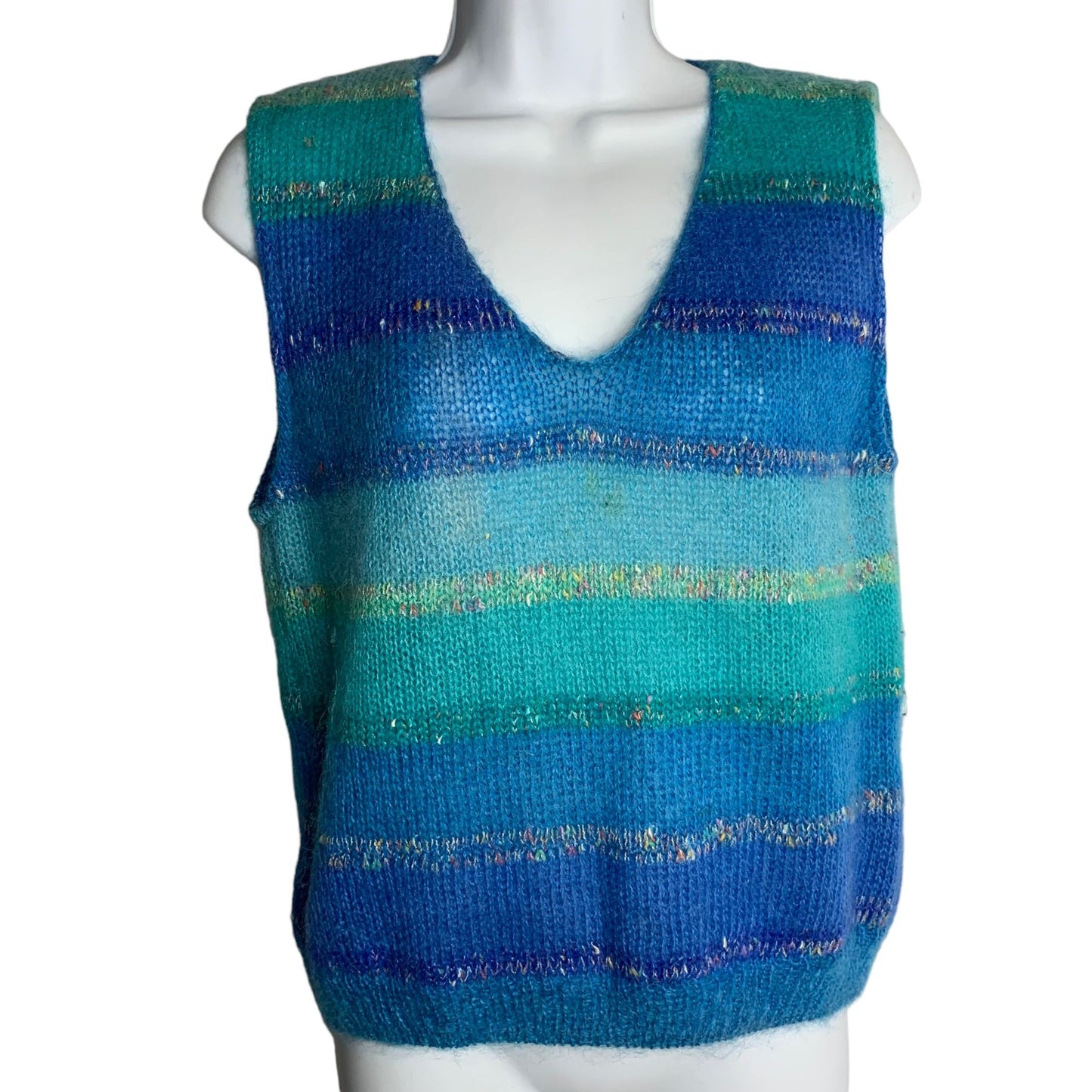 Vintage Jeanne Pierre Loose Knit Vest M Blue Striped V Neck Sleeveless Pullover