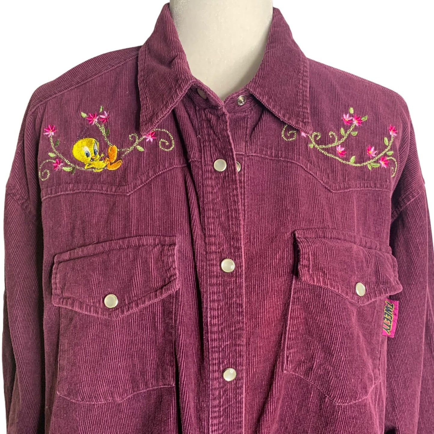 Vintage 90s Looney Tunes Tweety Bird Western Shirt XL Purple Pearl Snap Pockets