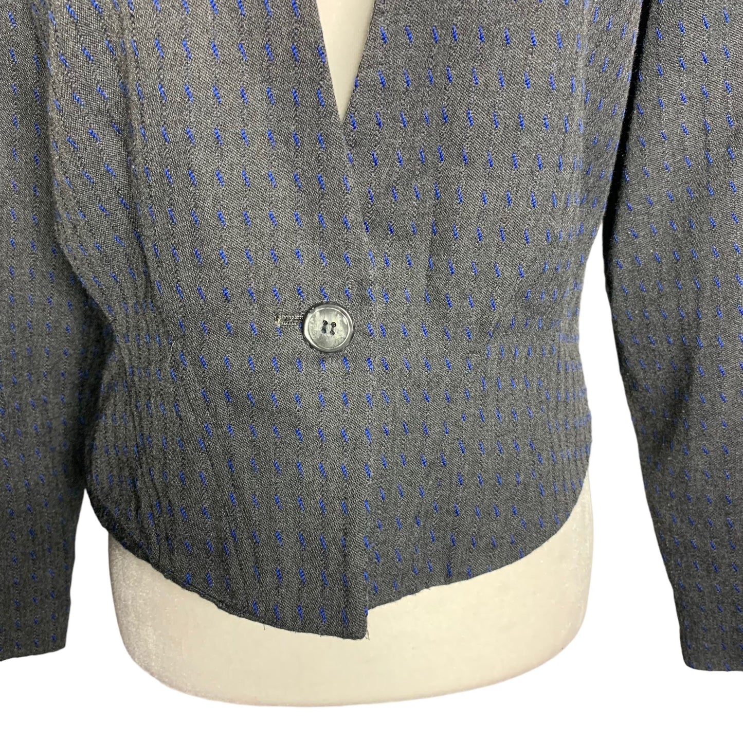 Vintage 80s Haberdas Her Cropped Blazer 6 Grey Blue One Button No Collar Lined