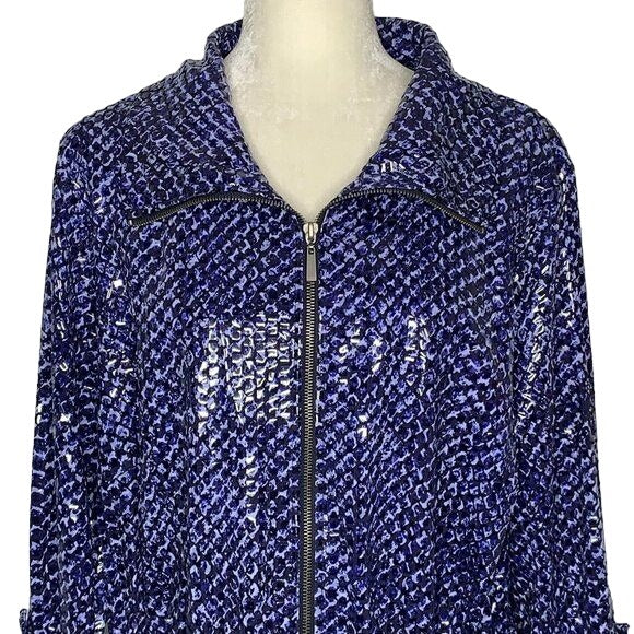 Ruby Rd Blue Textured Jacket 16W Blue Full Zip Snake Roll Tab Sleeve Cinch Waist