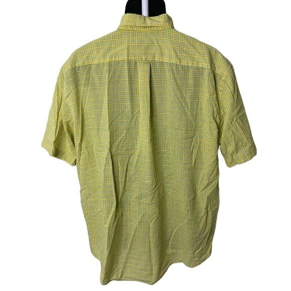 Towncraft Button Down Short Sleeve Shirt L Yellow Plaid Chest Pocket No Wrinkle