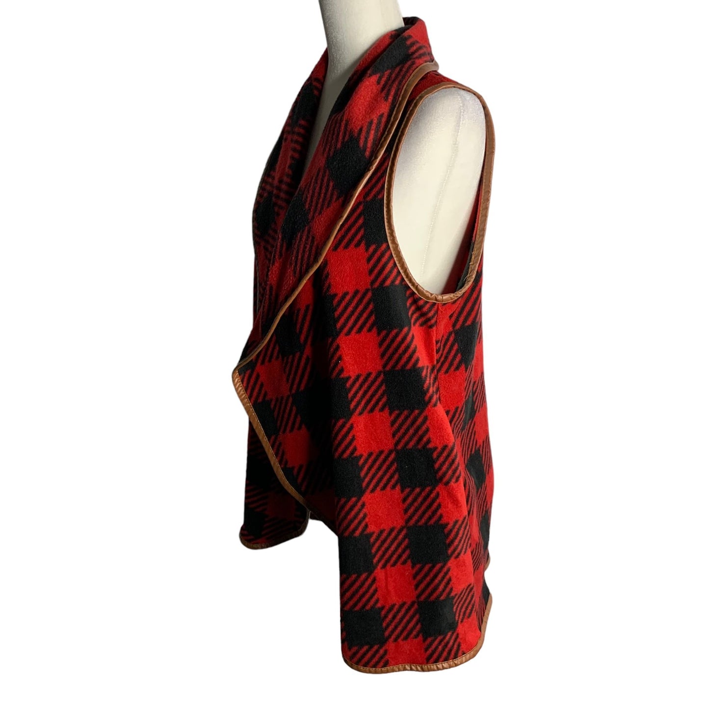 Simply Southern Open Front Fleece Vest S Red Black Buffalo Check Pockets