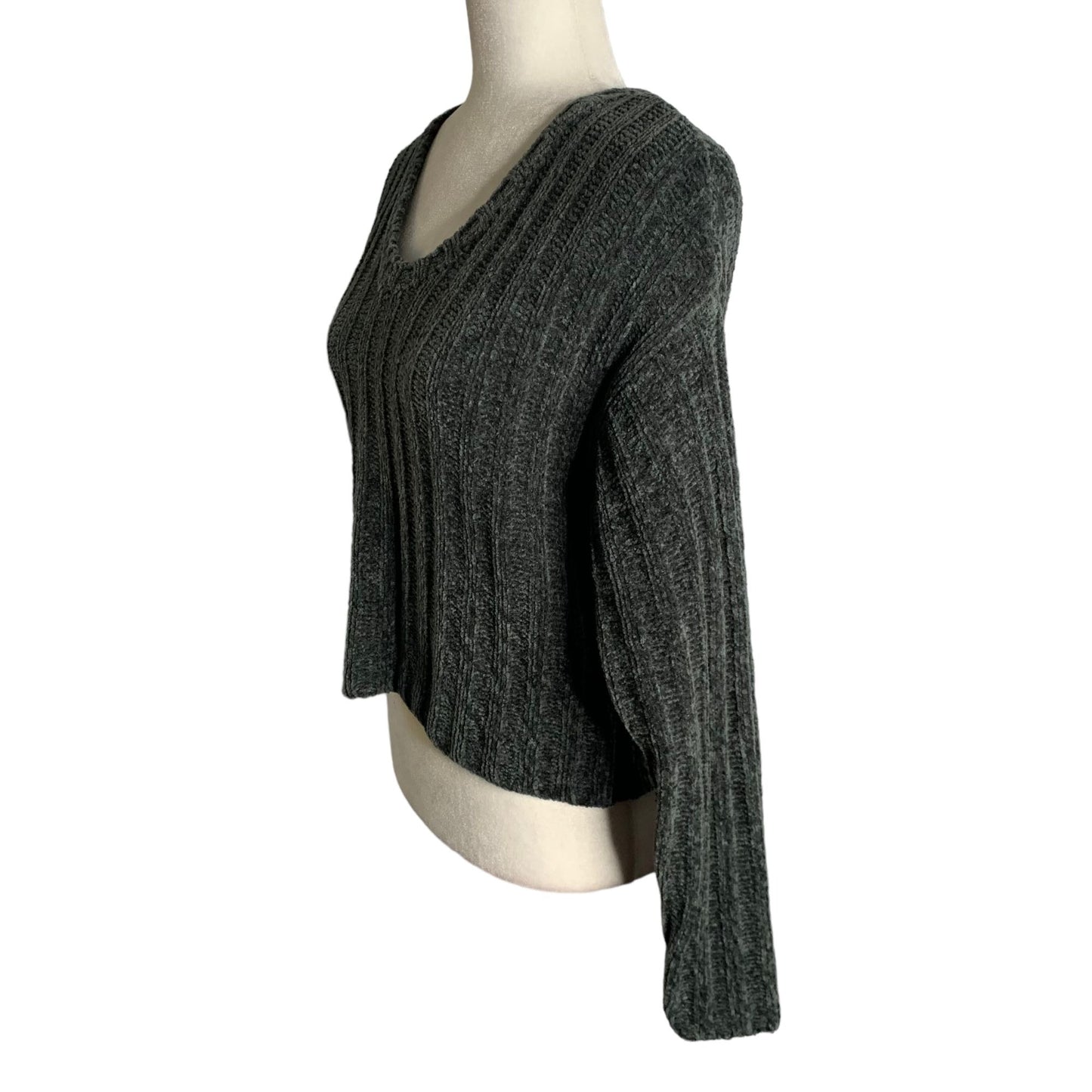 Vintage 90s Chenille Cropped Sweater M Grey Cable Knit Long Sleeve Scoop Neck