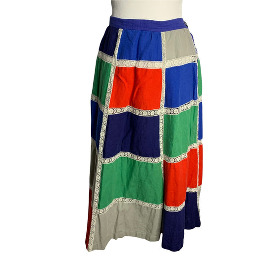 Vintage 70s Handmade Patchwork Midi Skirt M/L Multicolored Lace Side Button Pocket