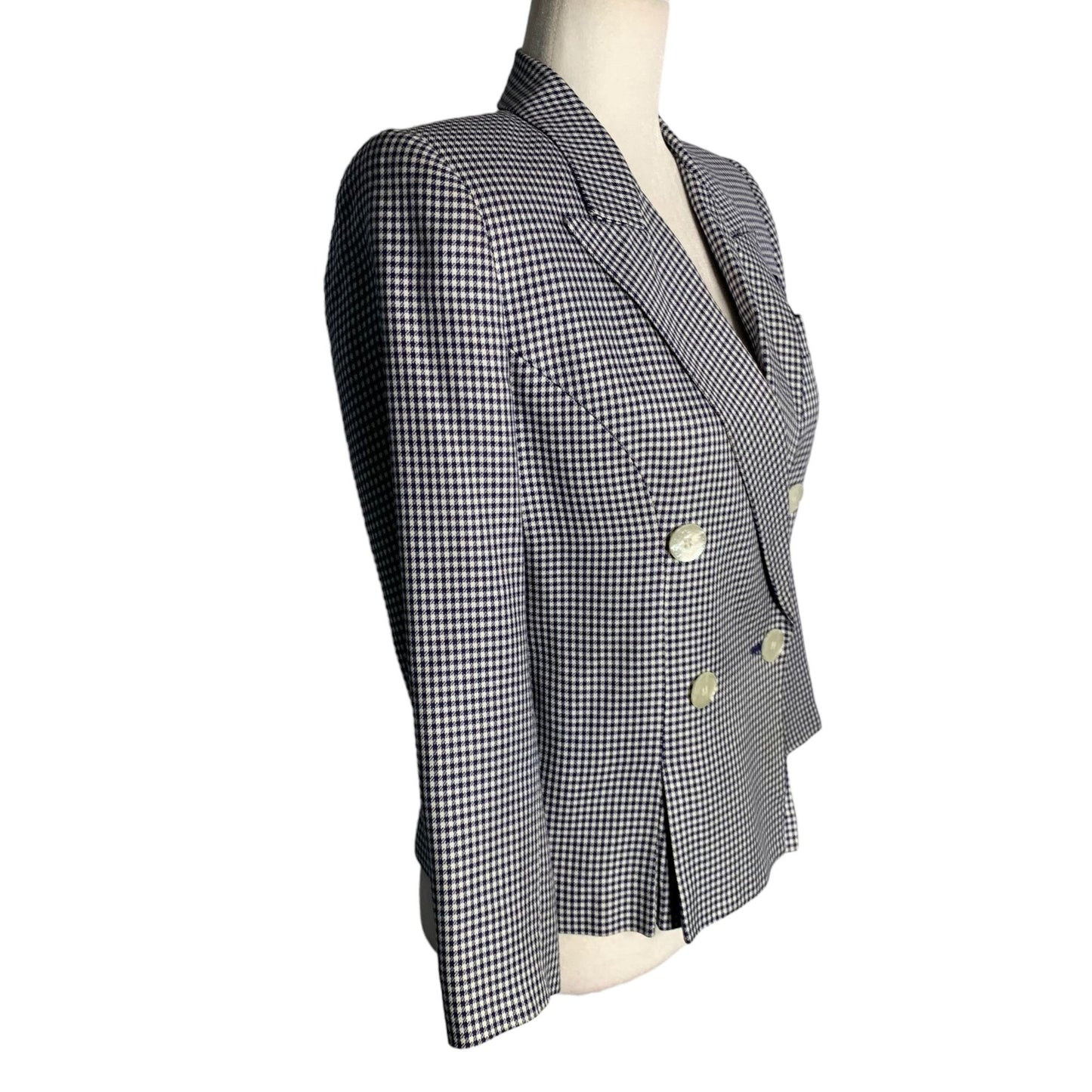 Vintage 90s Kasper Skirt Suit Set 2 Blue Houndstooth Lined Buttons Shoulder Pads