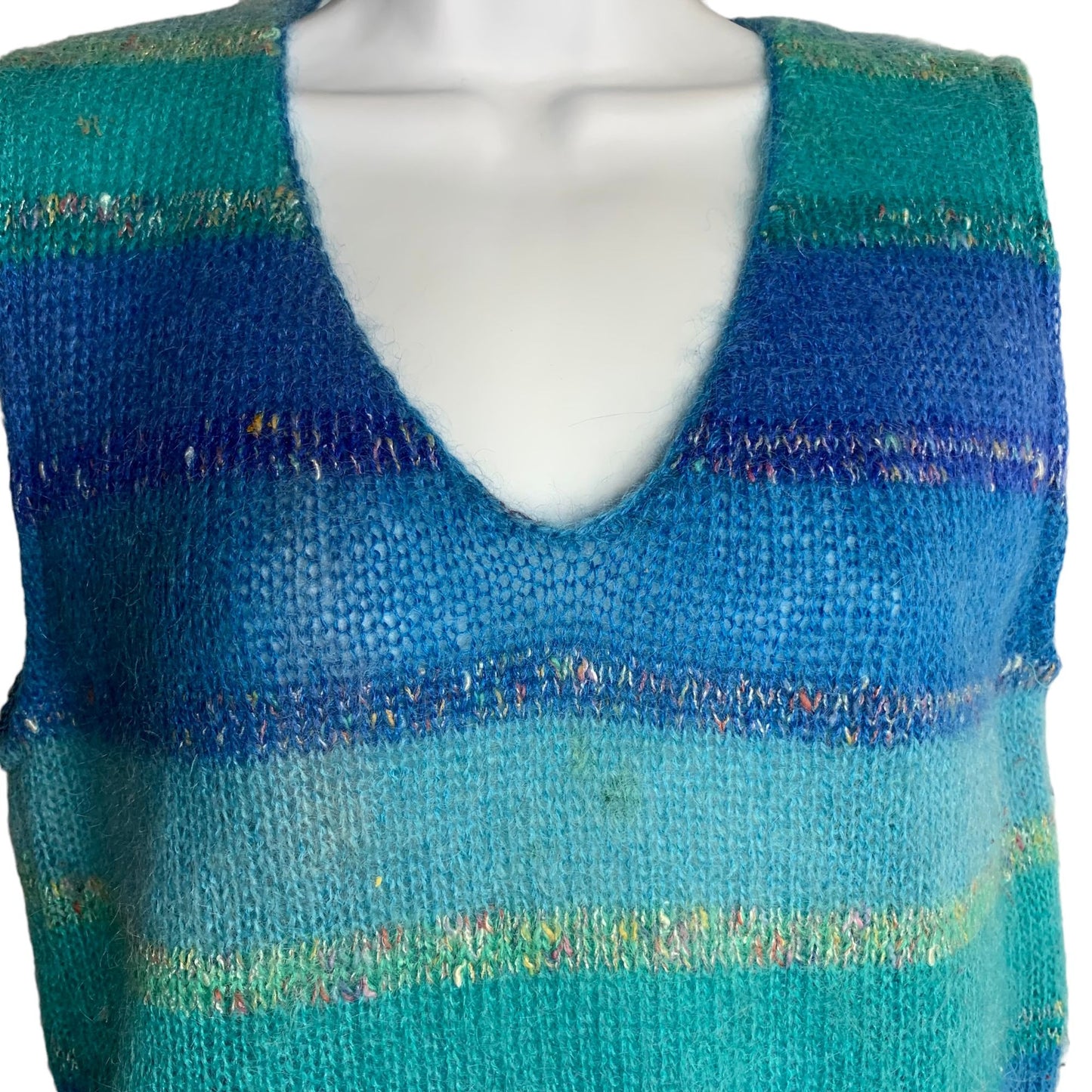 Vintage Jeanne Pierre Loose Knit Vest M Blue Striped V Neck Sleeveless Pullover