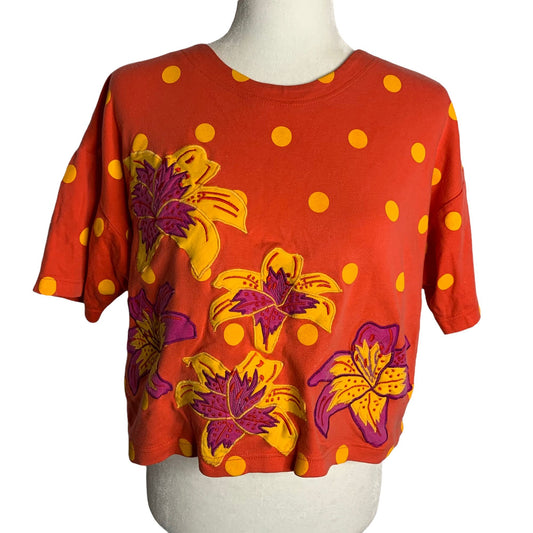 Vintage 90s Cropped Polka Dot Top M Orange Oversized Embroidered Short Sleeve