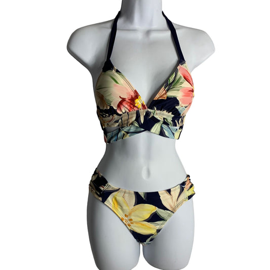 Kona Sol 2pc Bikini Swimsuit S Floral Halter Lightly Padded Med Coverage Hipster