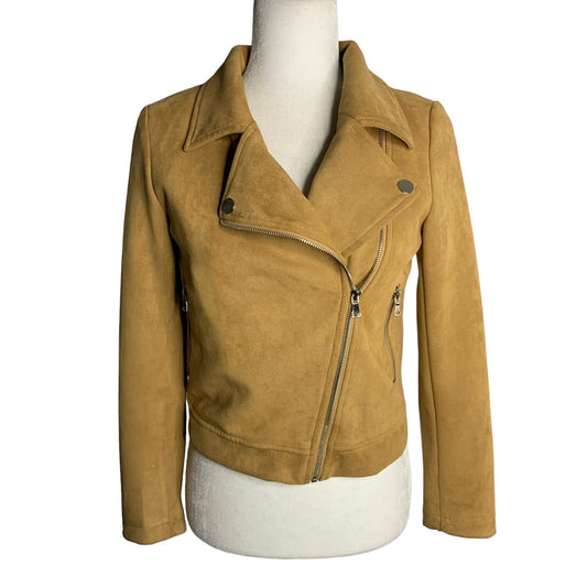 Apperloth A Faux Suede Motorcycle Jacket XS Brown Pockets Lined Asymmetrical Zip