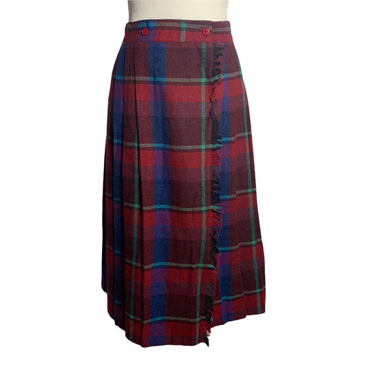 Vintage Pleated Wool Wrap Skirt S Red Plaid Mid Buttons Fringe Hem School Girl