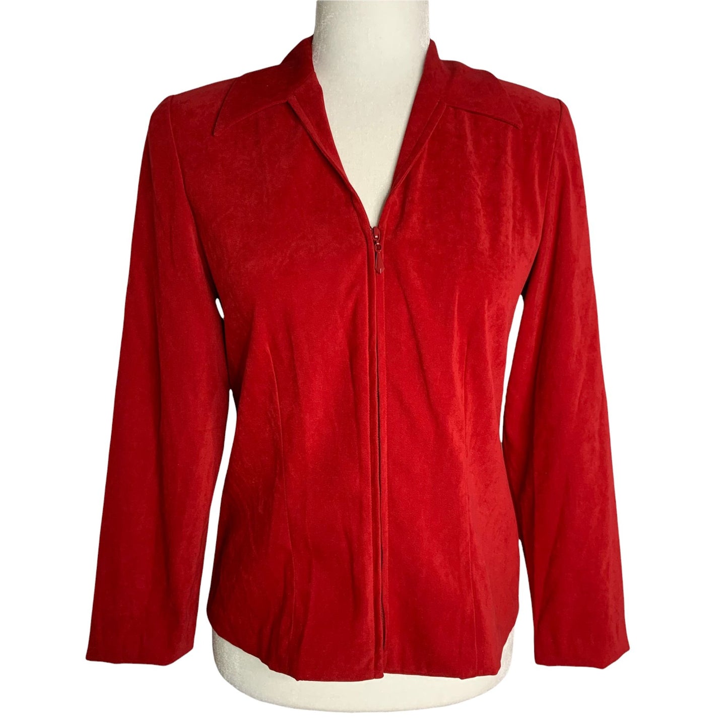 Vintage 90s Zip Up Shirt Jacket 4P Red Long Sleeve Collar V Neck Shoulder Pads