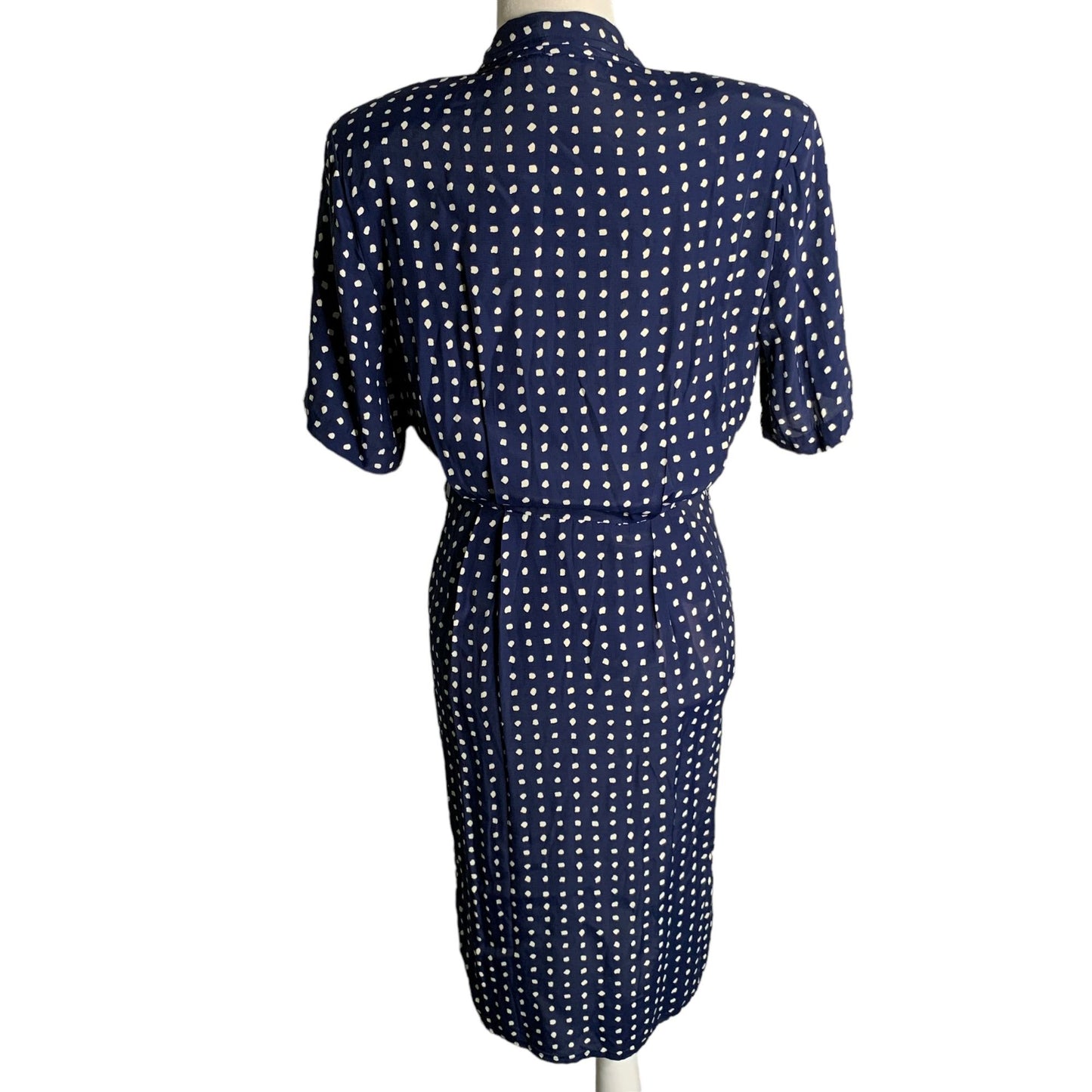 Vintage 80s Karin Stevens Wrap Dress S Blue Polka Dot Midi Shoulder Pads Snaps