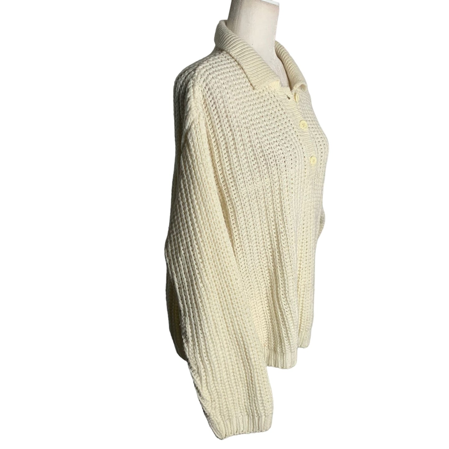 Vintage 90s Oversized Loose Knit Sweater S Cream Buttons Collar Pullover Slouchy