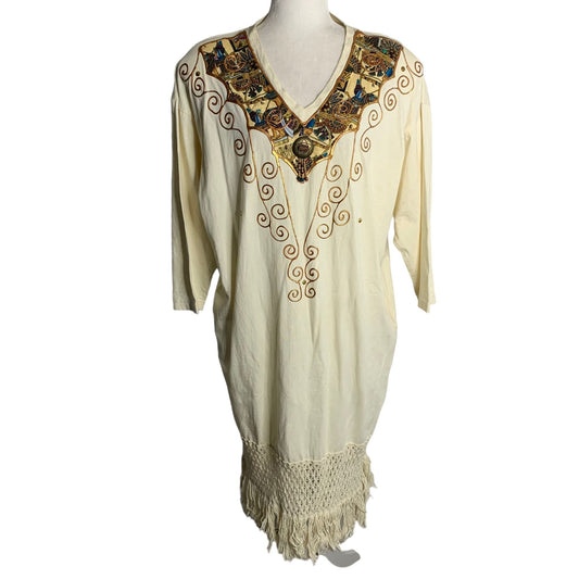 Vintage 90s Hand Painted T Shirt Dress M Cream Crochet Knit Fringe Pockets