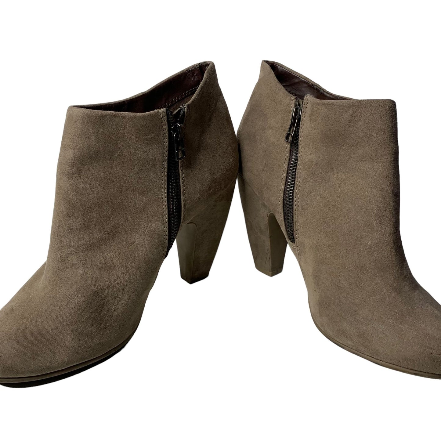 Candies Faux Suede Ankle Boots Booties 10 Taupe Side Zip Round Toe Block Heel