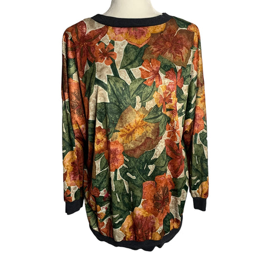 Vintage Box Office Pullover Floral Top XL Green Orange Long Sleeve Ribbed Trim