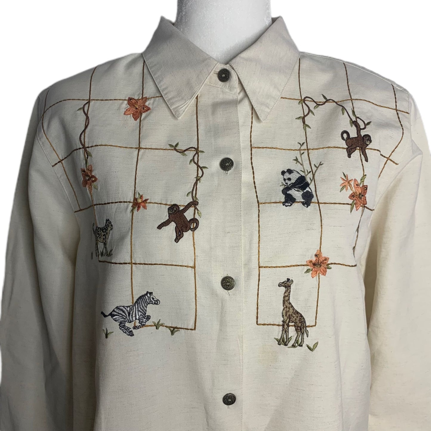 Vintage Alfred Dunner Embroidered Shirt 16 Cream Linen Animals Roll Tab Sleeves