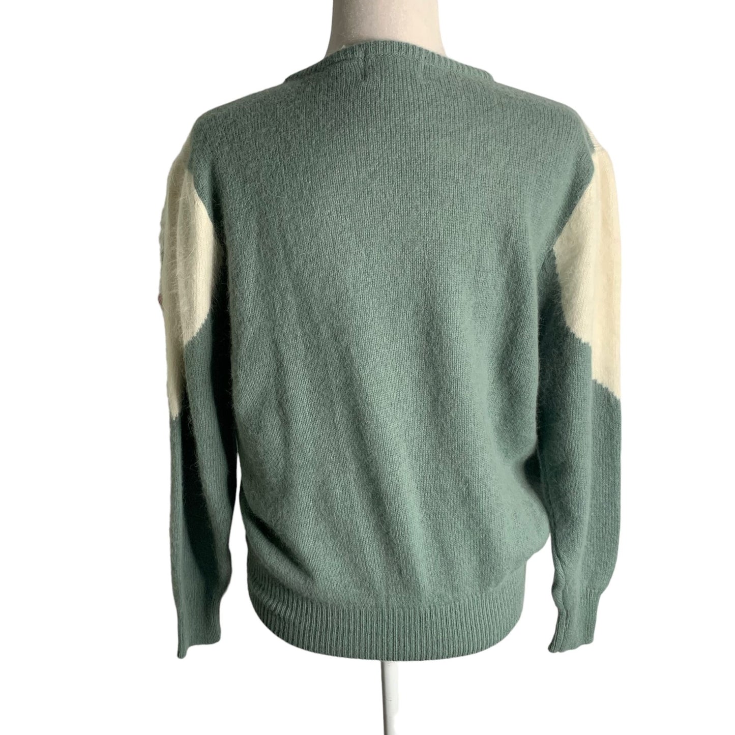 Vintage 80s Lambs Wool Angora Knit Sweater M Green Embroidered Floral Pullover