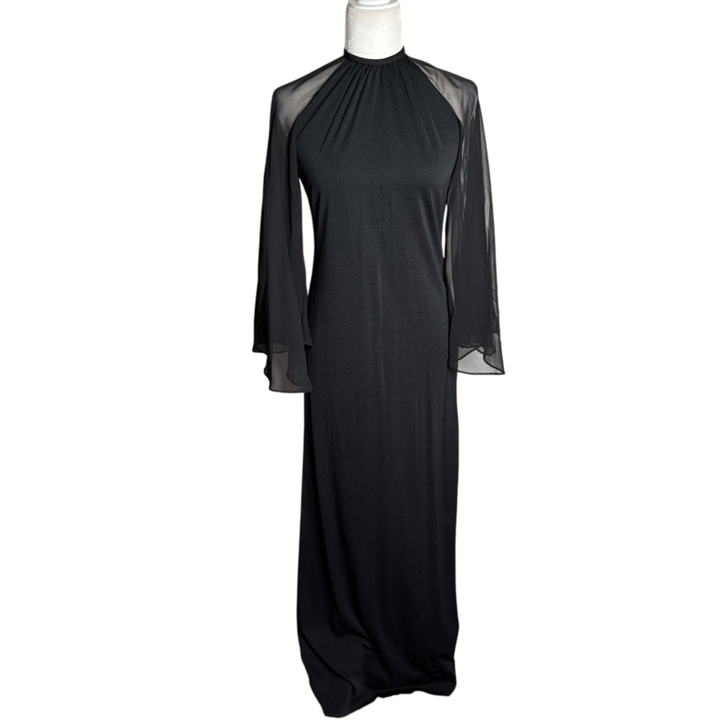 Vintage 70s Les Wilk Sheer Bell Sleeve Maxi Dress Small Black Evening Gown