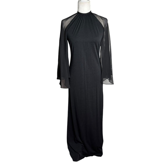Vintage 70s Les Wilk Sheer Bell Sleeve Maxi Dress Small Black Evening Gown