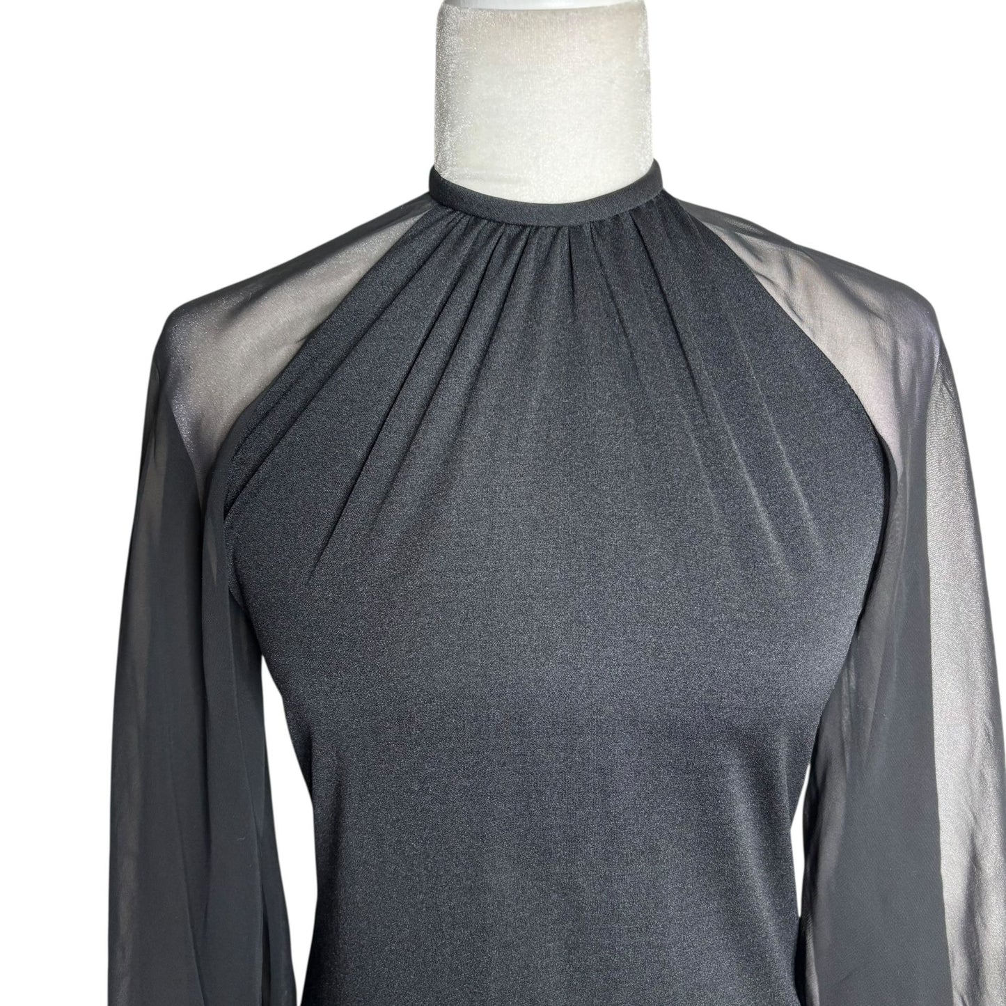 Vintage 70s Les Wilk Sheer Bell Sleeve Maxi Dress Small Black Evening Gown