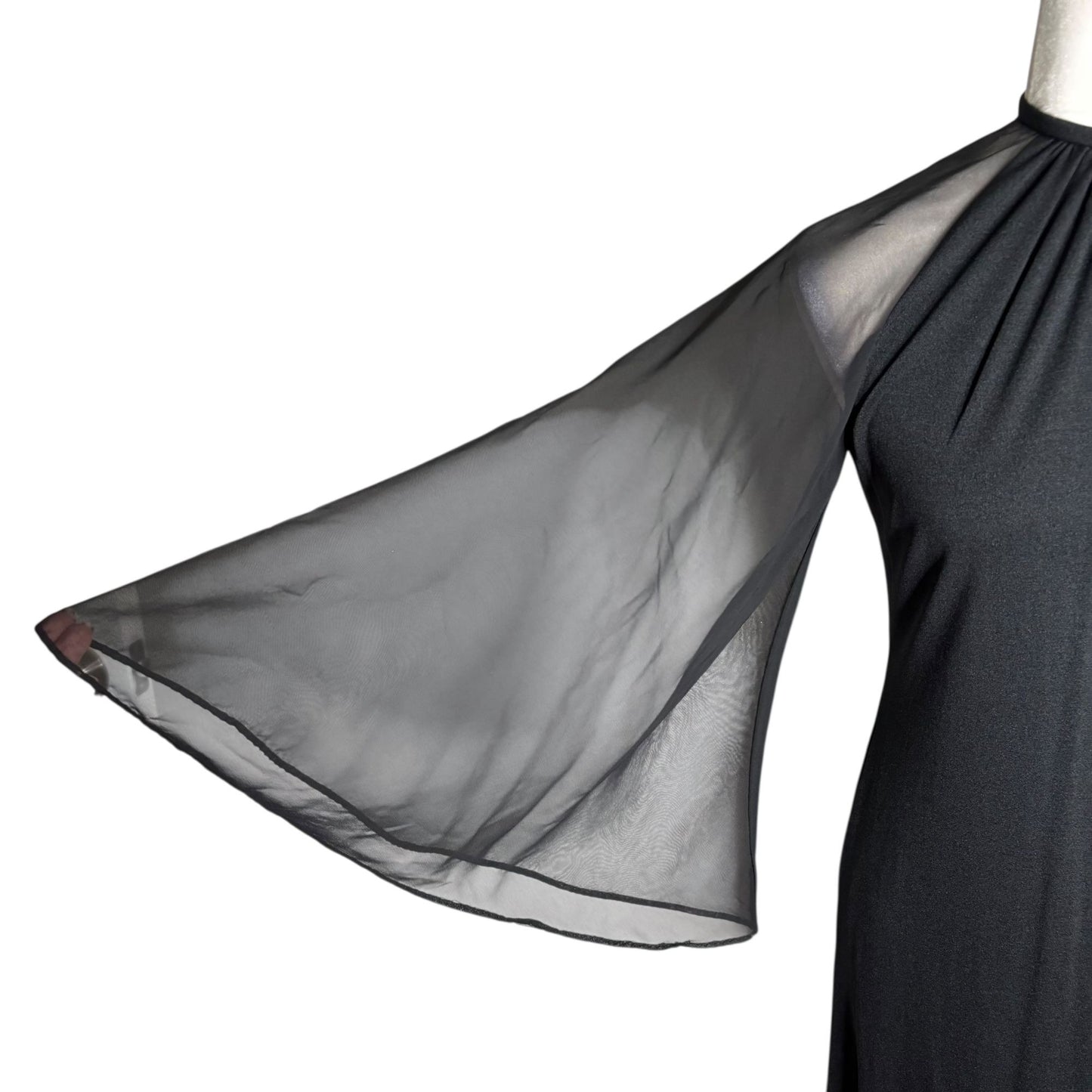 Vintage 70s Les Wilk Sheer Bell Sleeve Maxi Dress Small Black Evening Gown