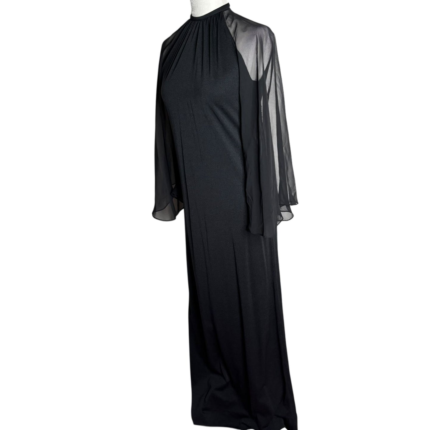 Vintage 70s Les Wilk Sheer Bell Sleeve Maxi Dress Small Black Evening Gown